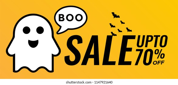 Halloween Sale vector banner with lettering and holiday symbols pumpkin, witch hat, zombie, spider and bat. Great for banner, voucher, offer, coupon, holiday sale.