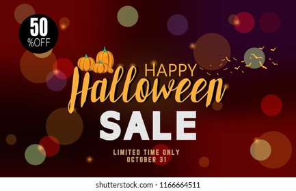 Halloween Sale vector banner with lettering and detailed engraving background. Pumpkin, witch hat, skull, cat hand drawn elements. Great for voucher, offer, coupon, holiday sale.