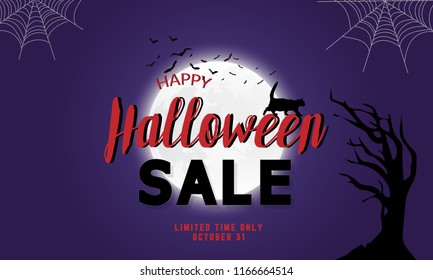 Halloween Sale vector banner with lettering and detailed engraving background. Pumpkin, witch hat, skull, cat hand drawn elements. Great for voucher, offer, coupon, holiday sale.