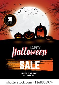 Halloween Sale vector banner with lettering and detailed engraving background. Pumpkin, witch hat, skull, cat hand drawn elements. Great for voucher, offer, coupon, holiday sale.