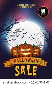 Halloween Sale vector banner with lettering and detailed engraving background. Pumpkin, witch hat, skull, cat hand drawn elements. Great for voucher, offer, coupon, holiday sale.