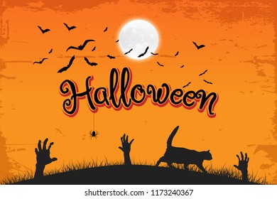 Halloween Sale vector banner with lettering and detailed engraving background. Pumpkin, witch hat, skull, cat hand drawn elements. Great for voucher, offer, coupon, holiday sale.