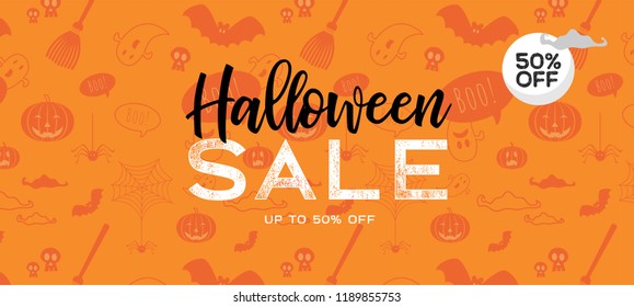 Halloween Sale vector banner with lettering and detailed engraving background. Pumpkin, witch hat, skull, cat hand drawn elements. Great for voucher, offer, coupon, holiday sale. vector illustration