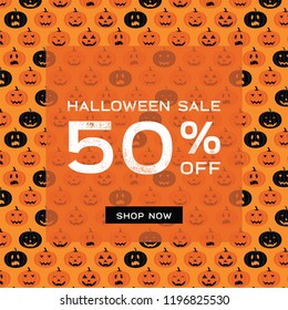 Halloween Sale vector banner with lettering and detailed engraving background. Pumpkin, witch hat, skull, cat hand drawn elements. Great for voucher, offer, coupon, holiday sale. vector illustration
