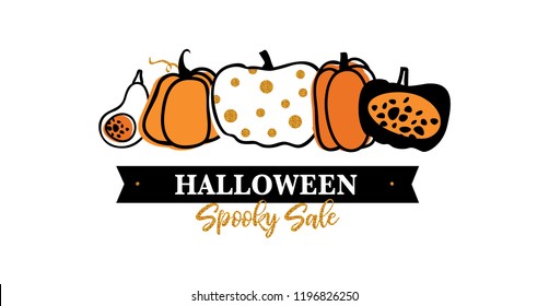 Halloween Sale vector banner with lettering and detailed engraving background. Pumpkin, witch hat, skull, cat hand drawn elements. Great for voucher, offer, coupon, holiday sale. vector illustration