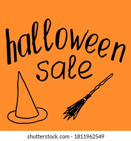 Halloween sale vector banner with lettering and detailed background engraving. witch hat, broom drawn elements. Great for voucher, offer, coupon, holiday sale.