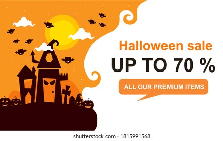 Halloween Sale vector banner with lettering and detailed engraving background. Pumpkin, witch hat, skull, cat hand drawn elements. Great for voucher, offer, coupon, holiday sale. vector illustration