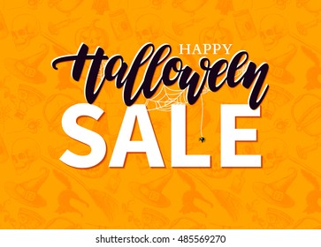 Halloween Sale vector banner with lettering and detailed engraving background. Pumpkin, witch hat, skull, cat hand drawn elements. Great for voucher, offer, coupon, holiday sale.