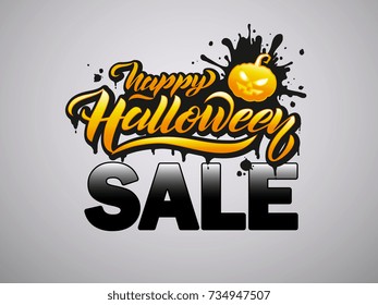 Halloween Sale vector banner with lettering. Holiday calligraphy with pumpkin. Halloween party poster, greeting card, party invitation. Vector illustration. 