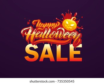 Halloween Sale vector banner with lettering. Holiday calligraphy with pumpkin. Halloween party poster, greeting card, party invitation. Vector illustration. 