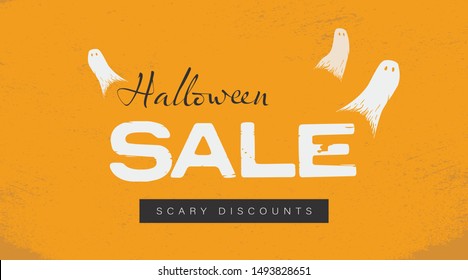 Halloween sale vector banner or poster template with ghosts on orange background. Special offers, discounts, deals promotion and advertising. Eps10 illustration.