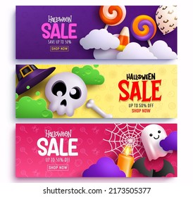Halloween sale vector banner set. Halloween sale text with seasonal discount offer for trick or treat price promo ads design. Vector illustration.
