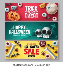 Anuncio de Vector de venta de Halloween. Oferta de Precio de descuento de truco o trato de Halloween con personaje emoji lindo y aterrador para anuncios de promoción de volantes. Ilustración vectorial.
