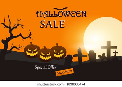 Halloween sale vector concept: Scary pumpkin with halloween sale text on the graveyard