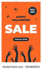 Halloween Sale vector flyer illustration with zombie hands  and spiders on cemetery on orange background. Holiday design for offer, coupon, voucher, holiday sale