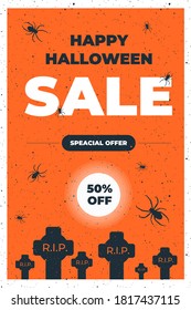 Halloween Sale vector flyer illustration with graves and tombs and raven on cemetery on orange background. Holiday design for offer, coupon, voucher, holiday sale
