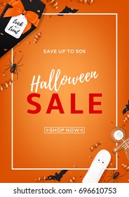 Halloween sale vector flyer. Top view on spiders, paper bats and confetti on orange backdrop. Vector illustration with black gift box in the form of coffin. Special seasonal offer.