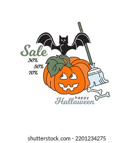 Halloween sale vector icons. Banner. Pumpkin, broom, bat.