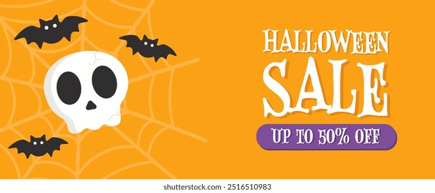 Halloween sale vector illustration. Up to 50% off, discount. Spooky skull with bats and spider web. Modern background, banner with text for marketing, wallpapers, social media etc.