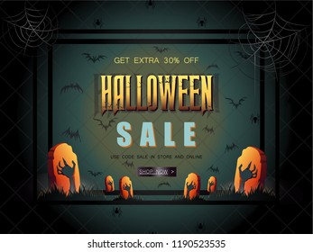 halloween Sale vector illustration with lettering and zombie han