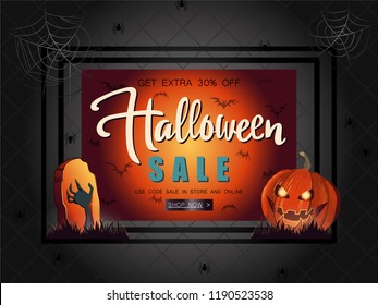 Halloween Sale vector illustration with pumpkin and orange backg