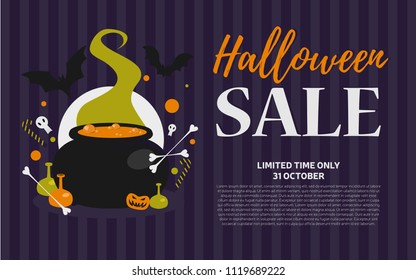 Halloween sale vector illustration with text and pot, bats, candy, skull in flat style.