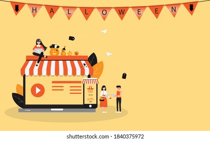 Halloween sale, Vector illustration of Woman on computer notebook and using laptop computer with Set orange pumpkin on orange background, Online shopping and special offer