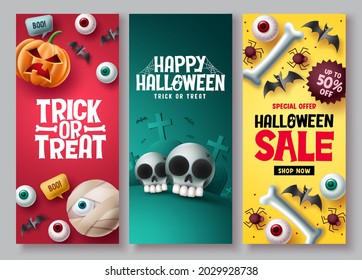 Halloween sale vector poster set. Halloween discount price offer with cute and scary emoji character elements for shopping promotion ads. Vector illustration.