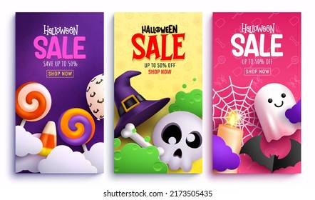 Halloween sale vector poster set. Halloween sale text with seasonal price discount offer for trick or treat advertisement promotion. Vector illustration.
