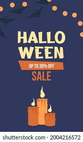 Halloween sale vertical banner. Autumn discounts. Flat vector illustration with bats and candles.