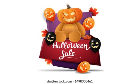 Halloween sale, vertical discount banner in cartoon style with Halloween balloons and Teddy bear with Jack pumpkin head