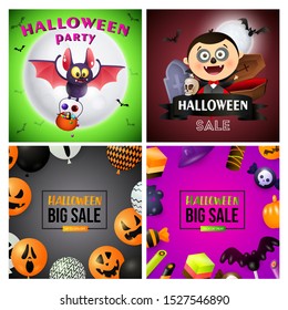 Halloween sale vinous, gray banner set with vampire, balloons. Halloween, October, trick or treat. Lettering can be used for greeting cards, invitations, announcements
