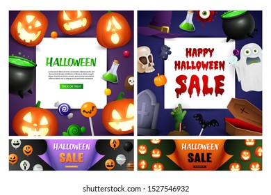 Halloween sale violet, blue banner set with pumpkins. Halloween, October, trick or treat. Lettering can be used for greeting cards, invitations, announcements