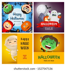 Halloween sale violet, yellow banner set with mummy, ghost. Halloween, October, trick or treat. Lettering can be used for greeting cards, invitations, announcements