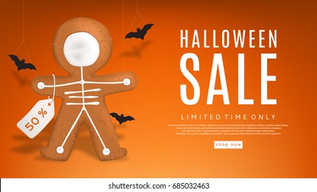 Halloween sale web banner with cookies. Realistic skeleton gingerbread man cookies with discount tag. Vector illustration with paper bats.