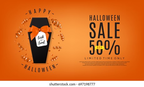 Halloween sale web banner with realistic gift box. Top view on composition with confetti and serpentine on orange backdrop. Vector illustration. Special seasonal offer.