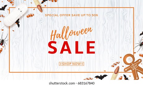 Halloween sale web banner with treats. Top view on paper bats, spiders and confetti on wooden texture. Vector illustration with cookies in form of skeleton gingerbread man. Special seasonal offer.