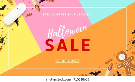 Halloween sale web banner with treats. Top view on paper bats, spiders and confetti on colorful backdrop. Vector illustration with cookies in form of skeleton gingerbread man. Special seasonal offer.