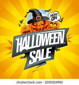 Halloween sale web banner vector design with evil pumpkins and moon against bright yellow background with rays