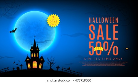 Halloween sale web banner. Vector illustration. Templates of poster with terrible house on blue background. Halloween greeting card.