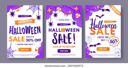 Anuncios de Web de venta de Halloween, estilo de corte de papel. Carteles de Vertical coloridos con lindos fantasmas, calabaza, nubes, arañas y murciélagos. Plantilla de diseño de Vector para promoción, publicidad, redes sociales, Web.