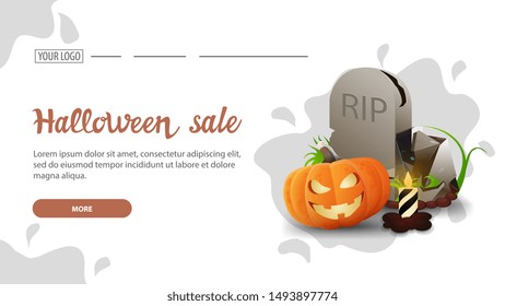 Halloween sale, white horizontal discount web banner with water drop minimal design, tombstone and pumpkin Jack