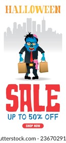  Halloween sale white poster, banner with funny zombie office worker. Sale up to 50% off. Sale Halloween graphic design. Vector illustration