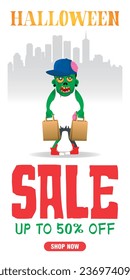 Halloween sale white poster, banner with zombie young boy. Sale up to 50% off. Sale Halloween graphic design. Vector illustration