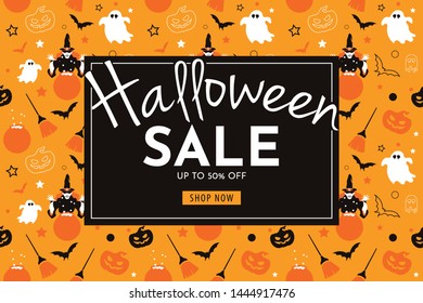 Halloween Sale with witch, pumpkin, broom, ghost, and bat. seamless banner and background   vector illustration