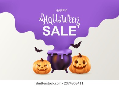 Halloween sale. Witch's cauldron with poison and scary pumpkins. Monsters. Festive design. 3D vector illustration.