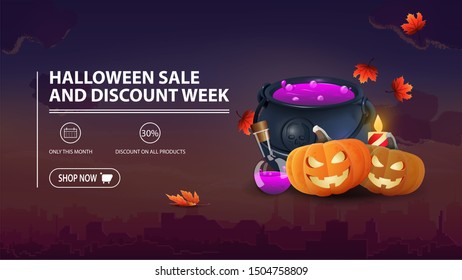 Halloween saleand discount week, discount banner with city on background, witch's cauldron and pumpkin Jack