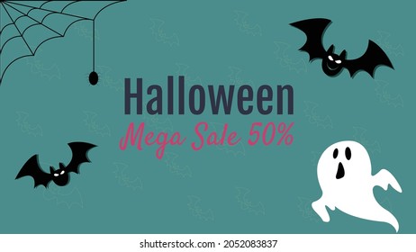 Halloween sales banner or party invitation background with bats and pumpkin. Vector illustration.