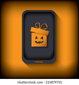 Halloween sales invitation in smartphone with gift. Eps10 vector illustration