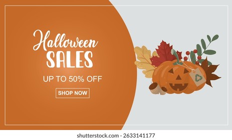 Halloween sales promotion banner with pumpkin and autumn foliage. Orange seasonal design perfect for retail marketing campaigns and fall discount advertisements ideal for ecommerce businesses. Vector
